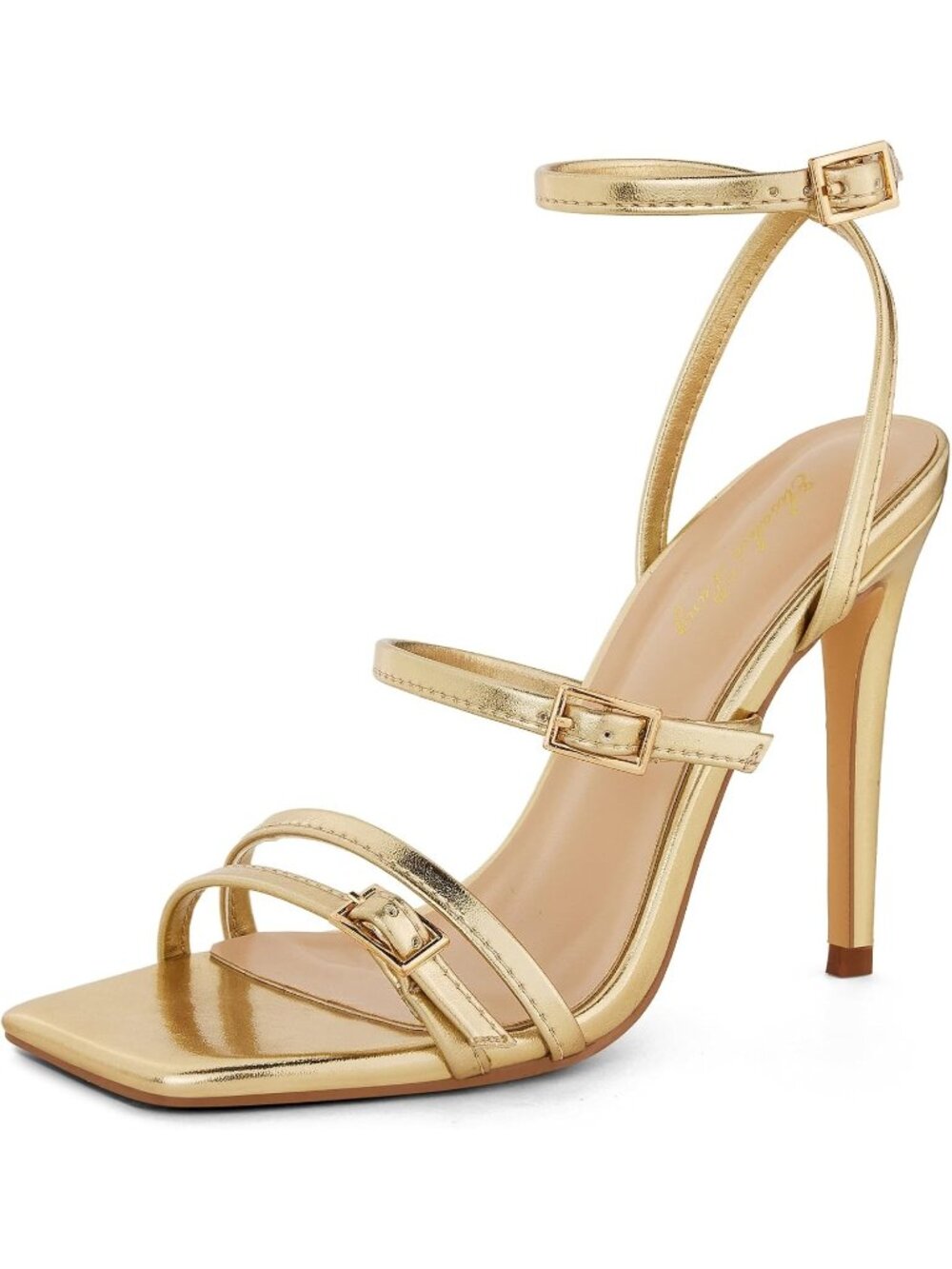 Women's Gold Matte 4 Inch Ankle Strap Stiletto Sandals Square Open Toe High Heel